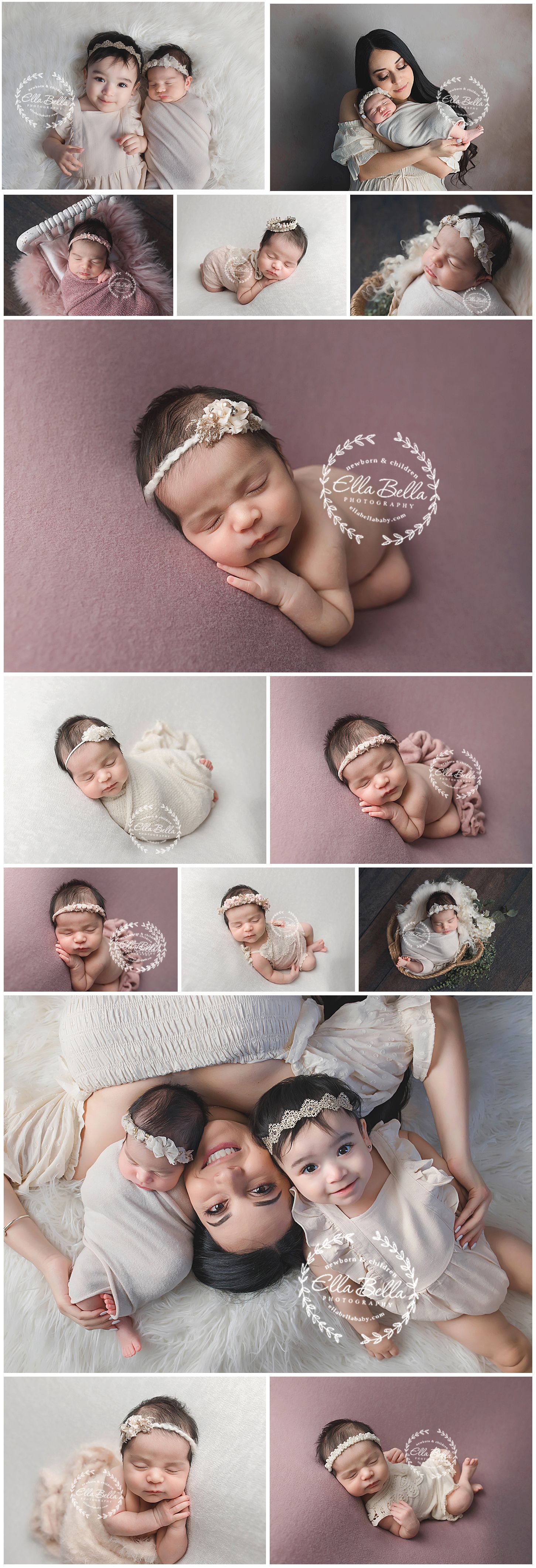 Professional newborn photo collection featuring soft pink and gray tones with lace accessories.
