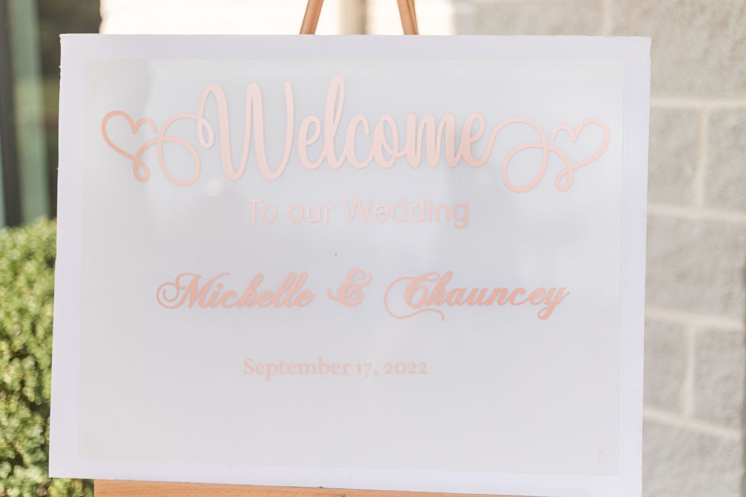 Elegant wedding signage in blush pink calligraphy displayed on white easels.