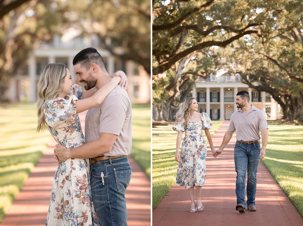 A series of romantic poses captured on a brick walkway under oak trees at sunset.