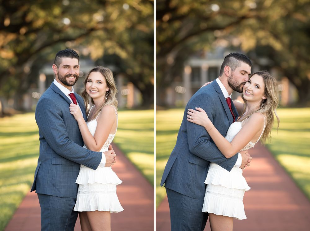 Series of romantic engagement photos captured on a brick pathway under oak trees.