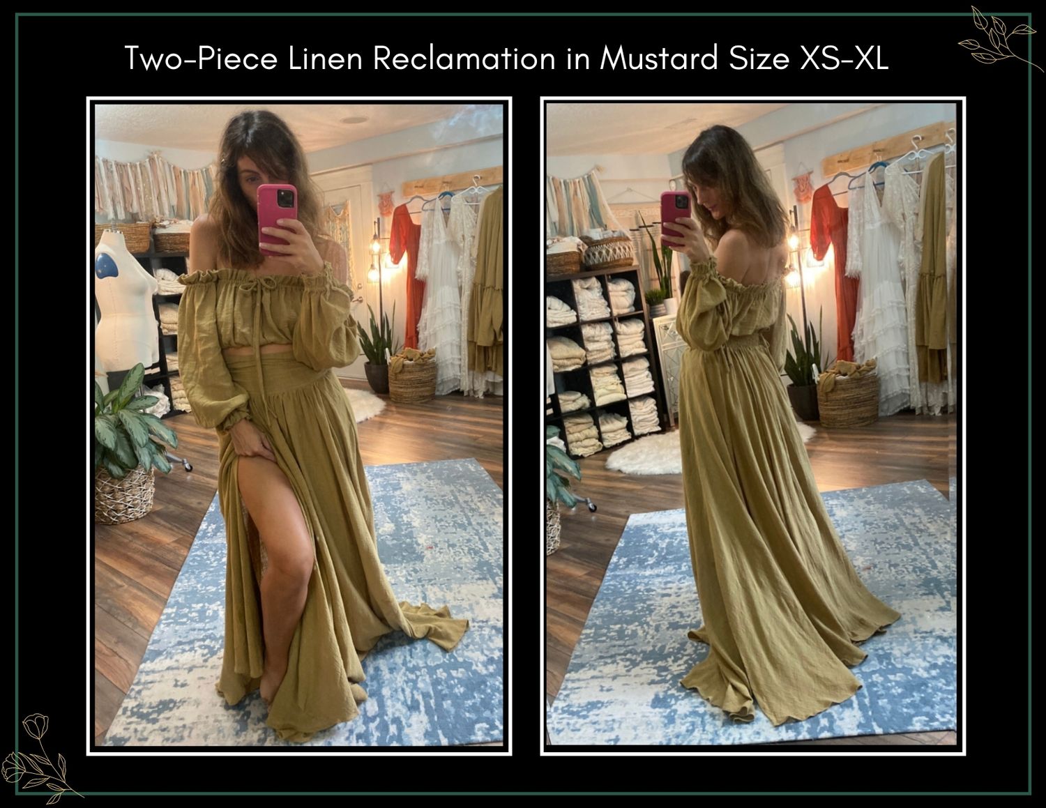 Mustard linen two-piece off-shoulder maxi dress with side slit, available in sizes XS-XL.