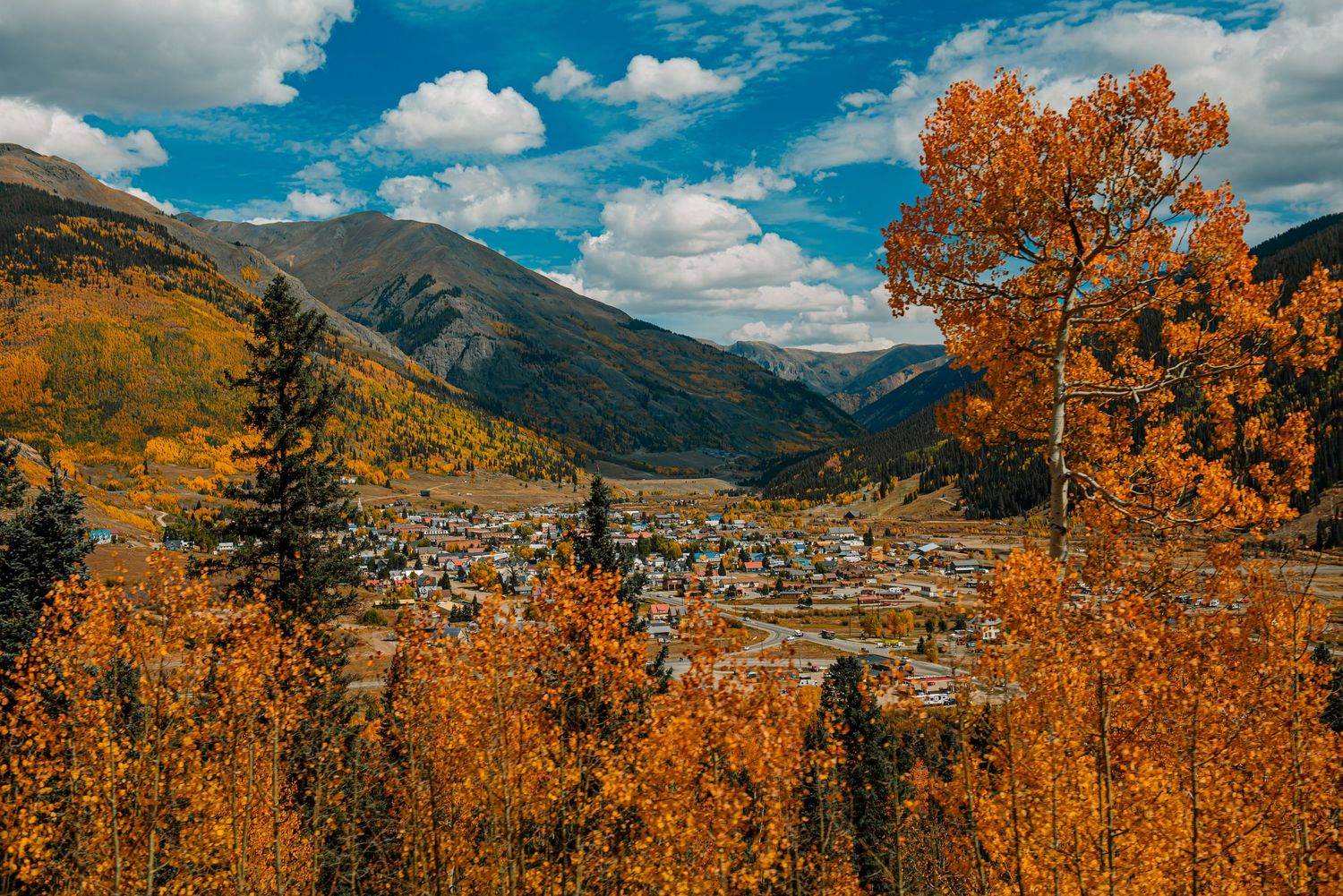 Autumn mountain vista with golden aspen trees and blue skies over rocky terrain.