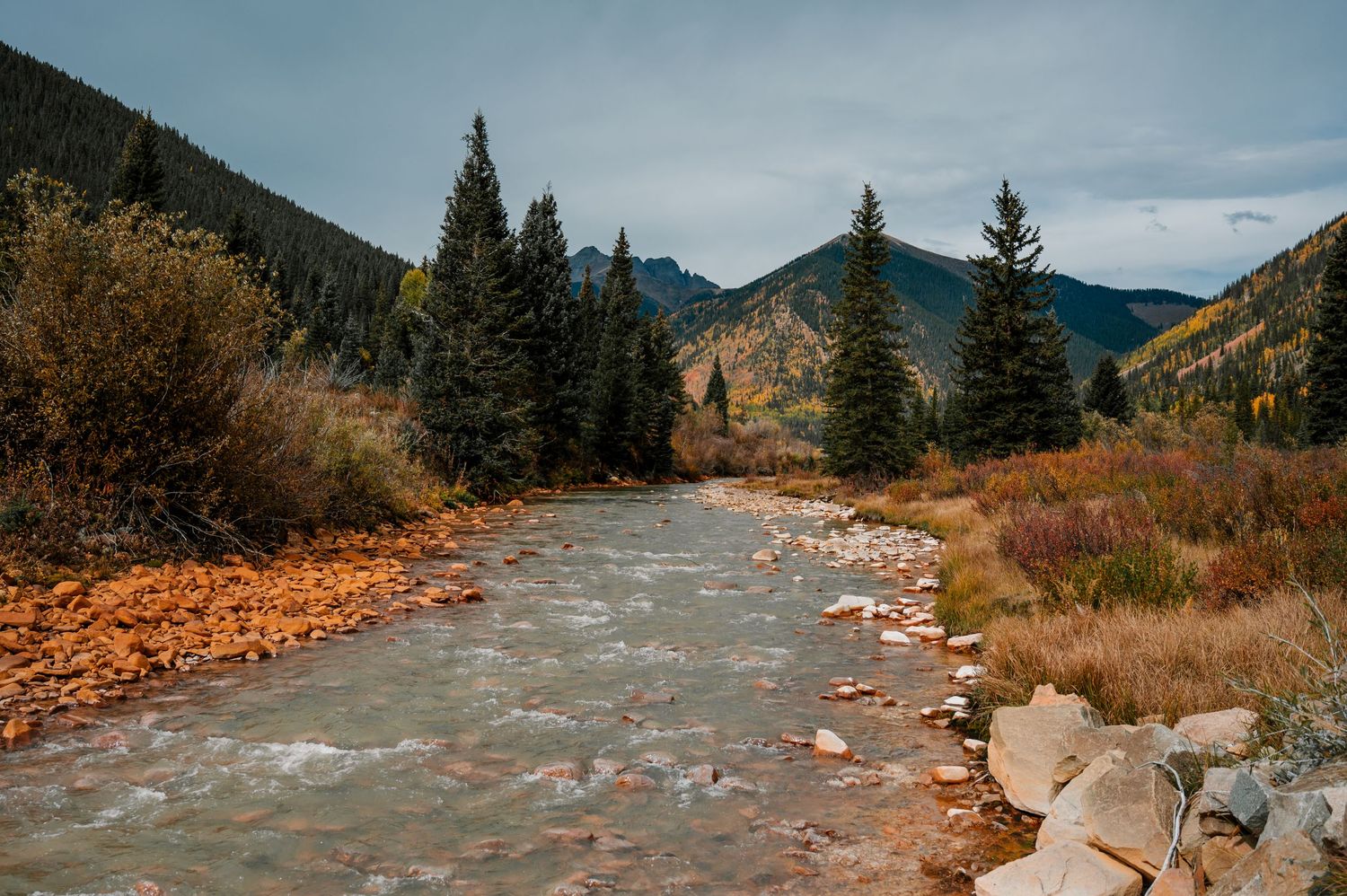 Mountain stream flowing through a valley with fall foliage and evergreen trees.