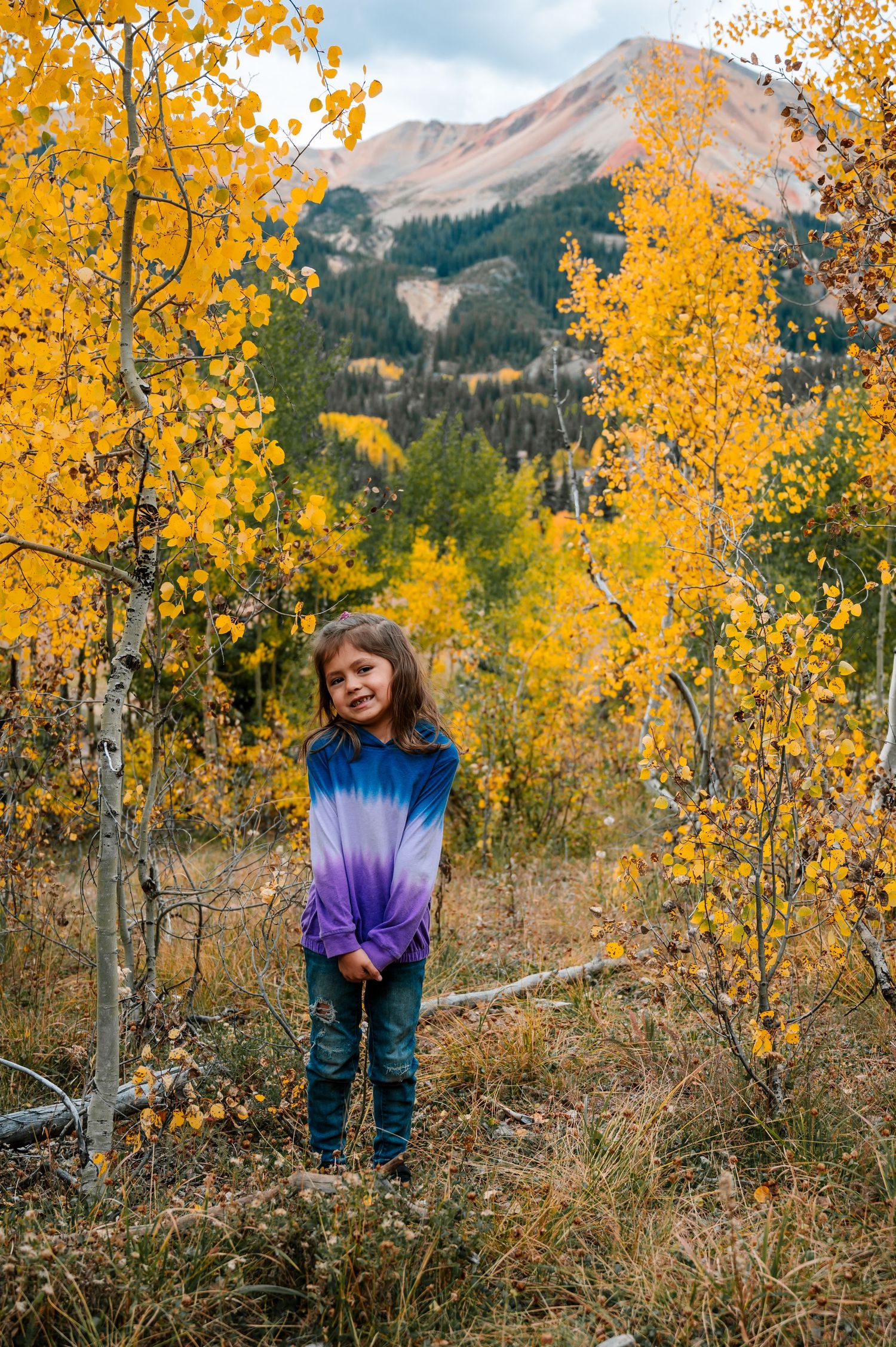 Beautiful fall colors surround a mountain trail with yellow aspen trees and distant peaks.