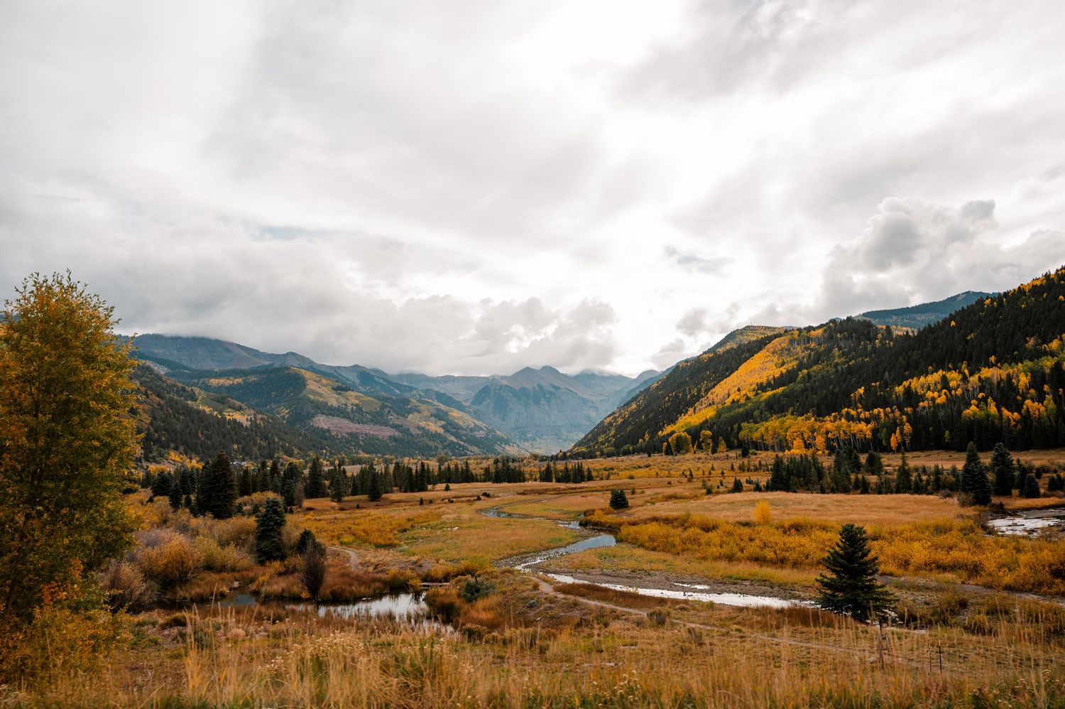 Panoramic mountain vista with golden valleys and cloudy skies in autumn.