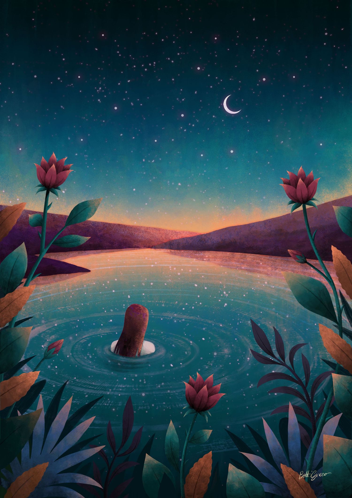 illustration of a girl immersed in a lake