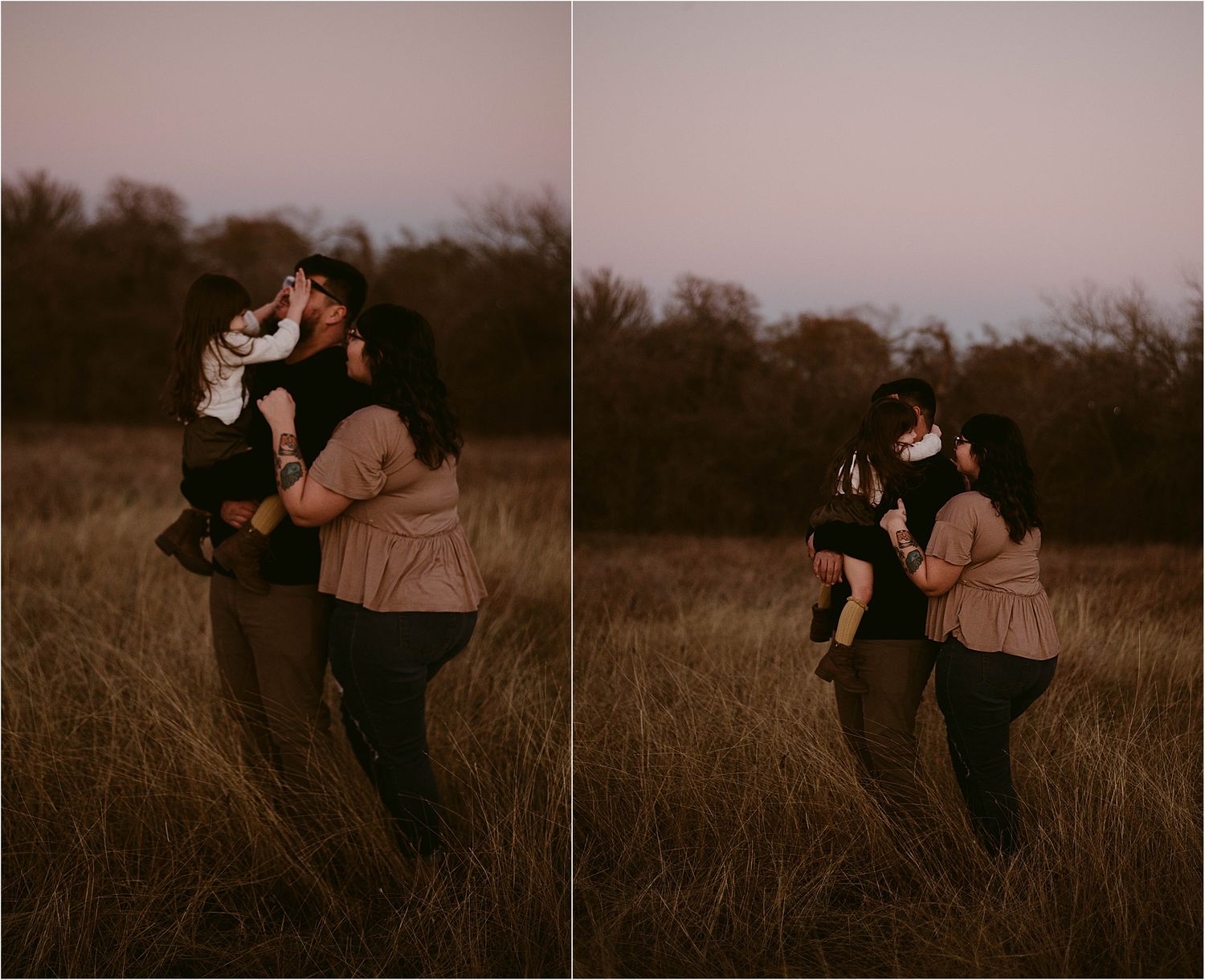 Two people sharing intimate moments in a field during twilight hours.
