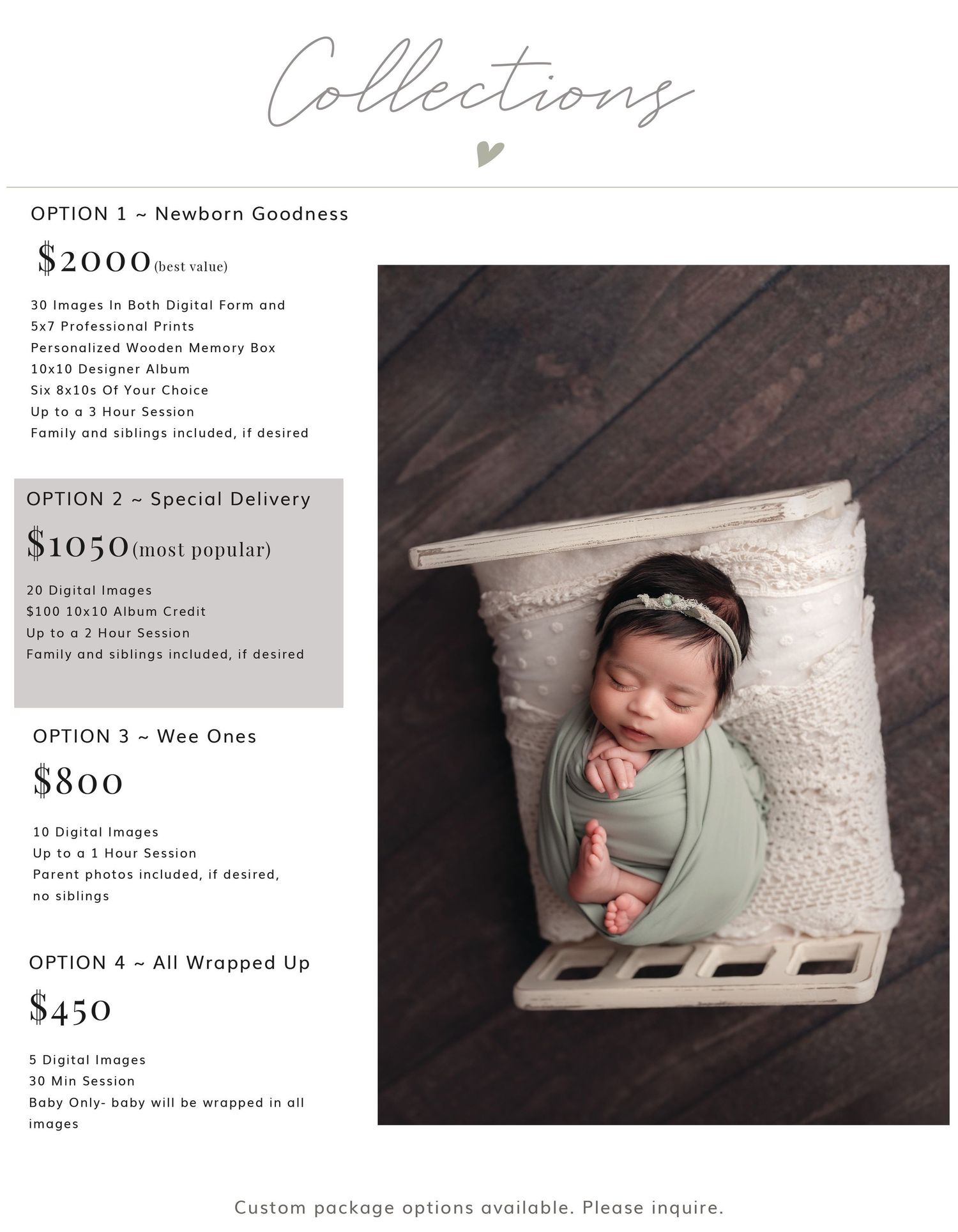 Professional pricing sheet for photography collections with sleeping newborn photo on dark wood backdrop.