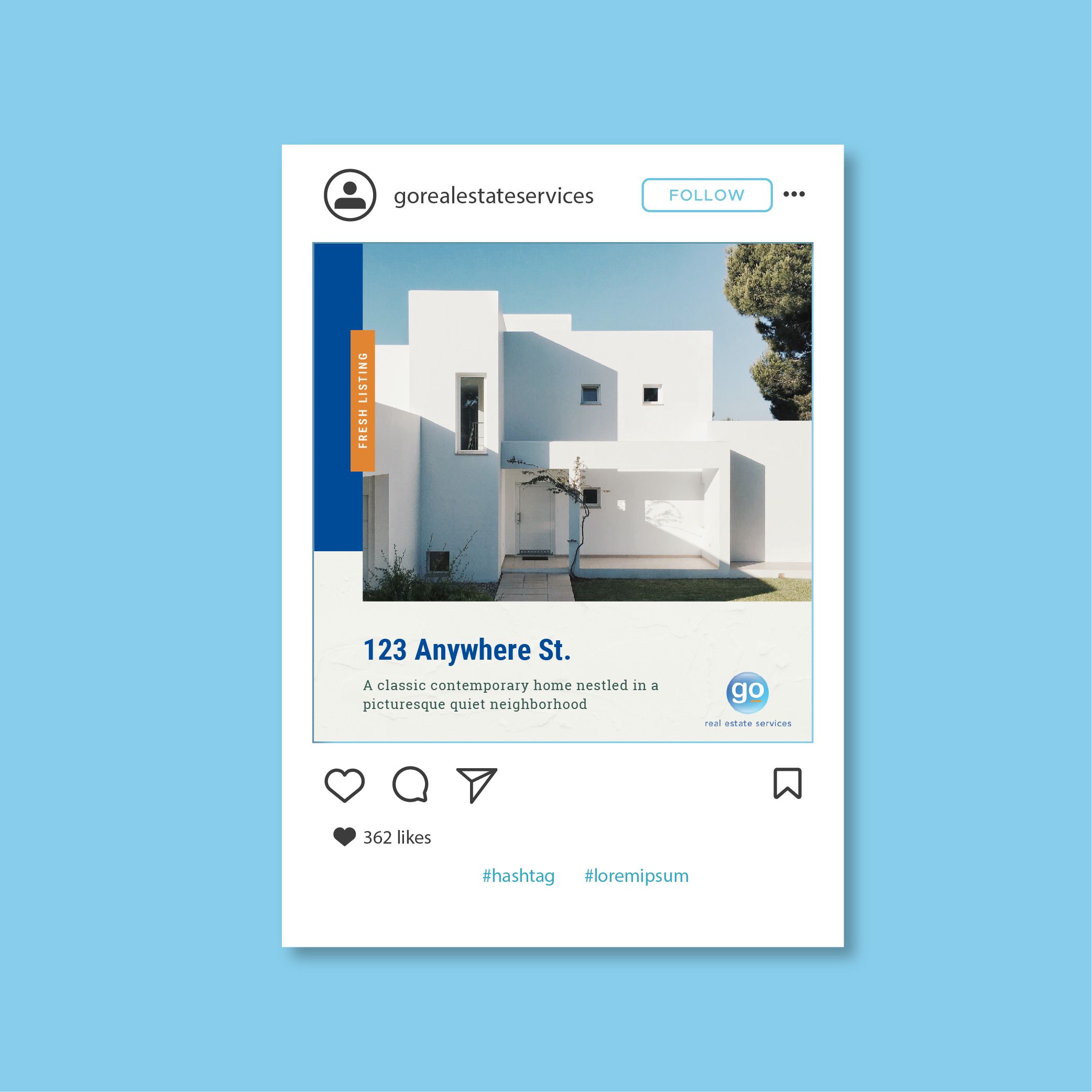 Real estate social media post template showing modern white house exterior.