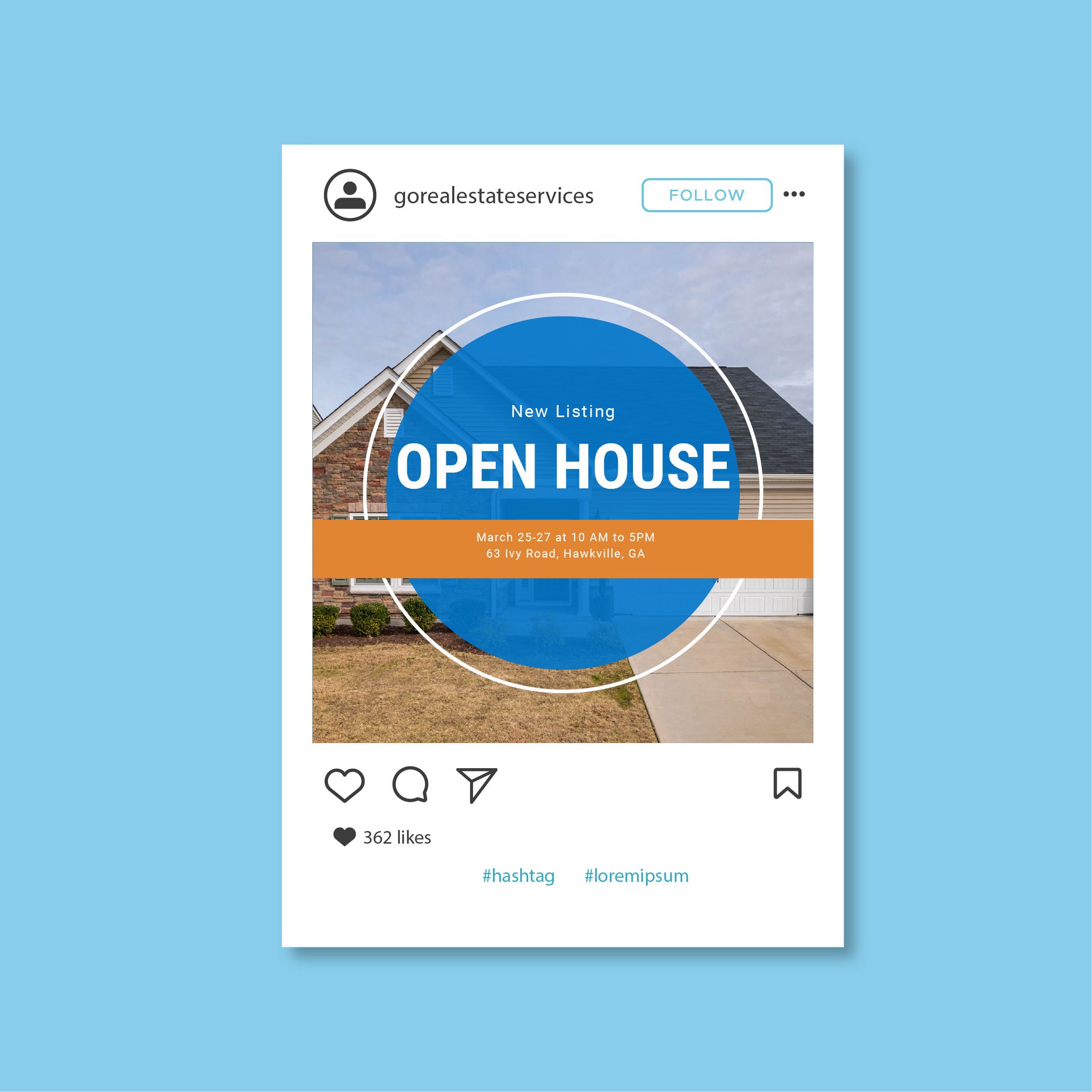 Real estate open house social media post template with curved blue design element.