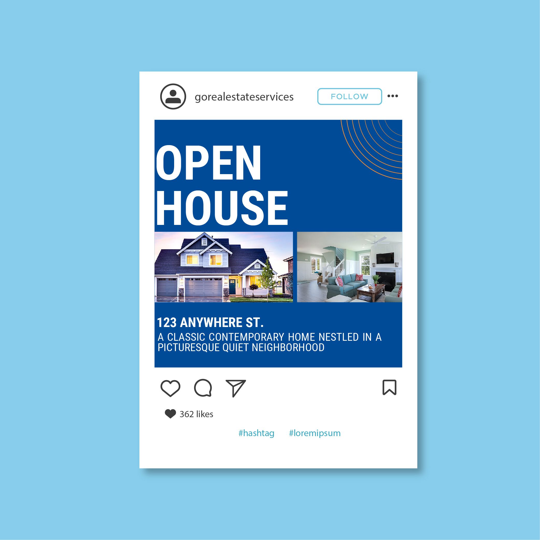 Open house social media template featuring residential property listing details.