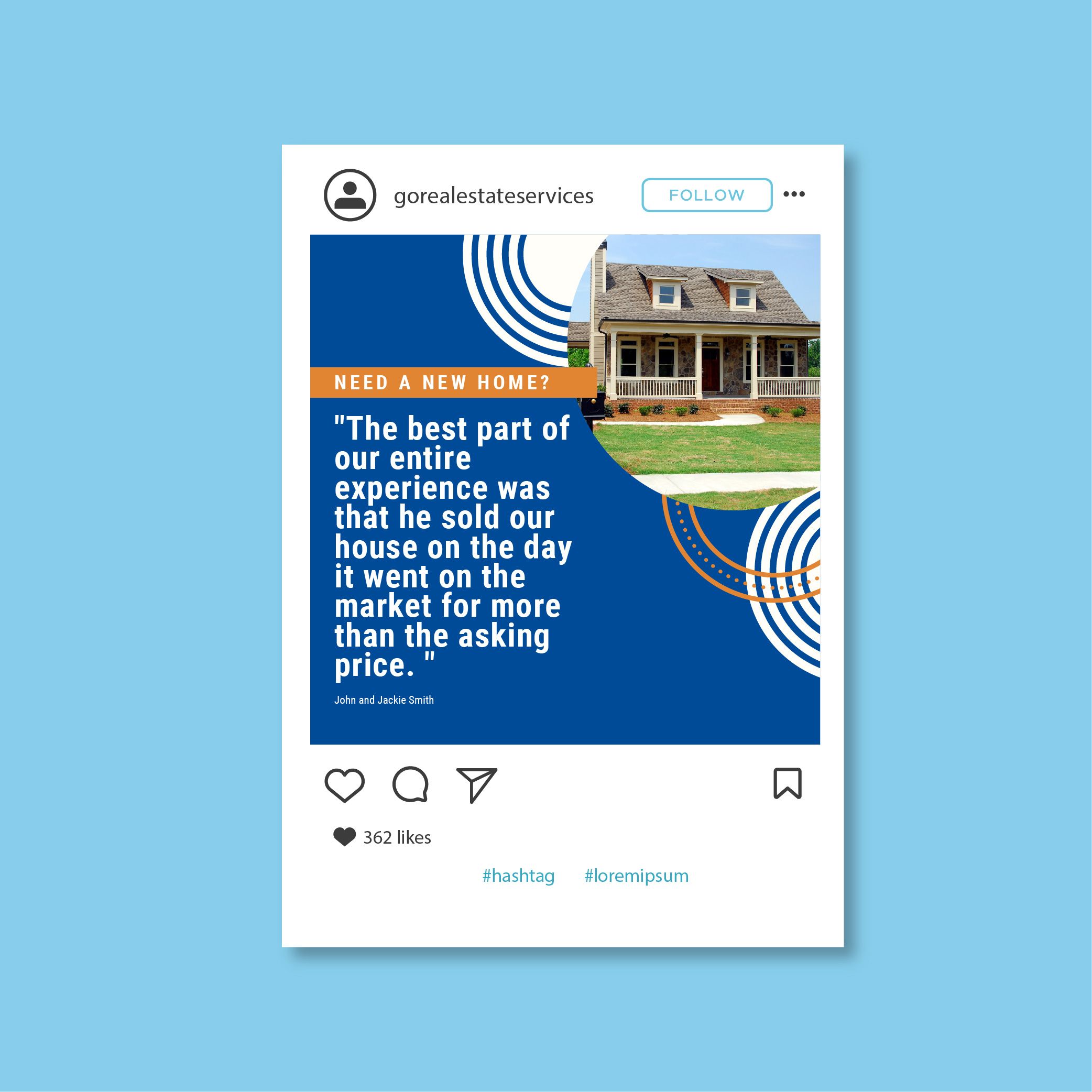 Real estate testimonial social media post template featuring house exterior and blue design elements.