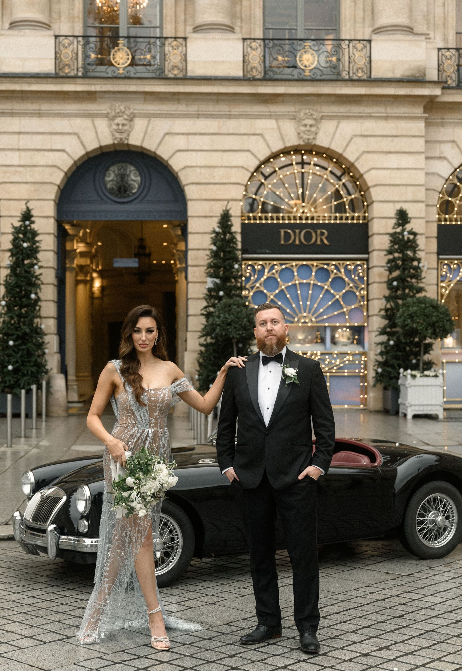 A glamorous scene outside the Dior store featuring a classic vintage car and elegant formal wear.