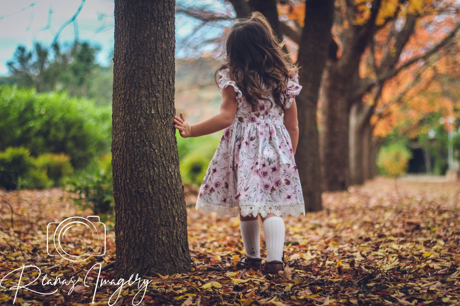 Little girl in floral dress touching a tree trunk surrounded by autumn leaves.