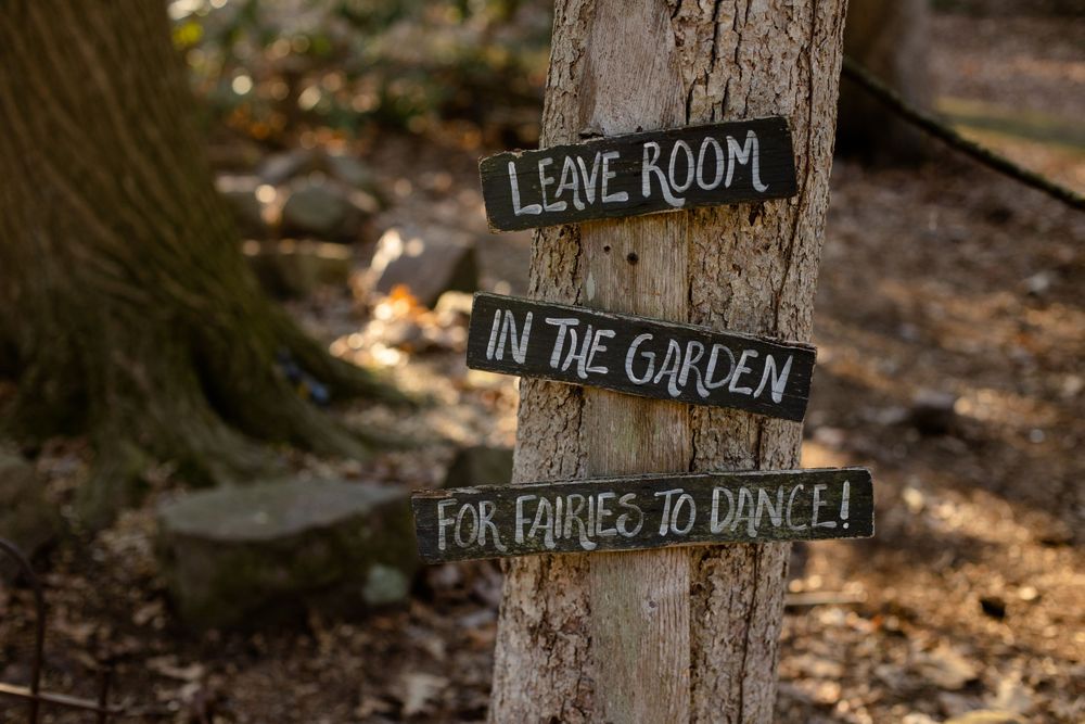 Rustic wooden sign reading 'Leave room in the garden for fairies to dance' attached to tree trunk.