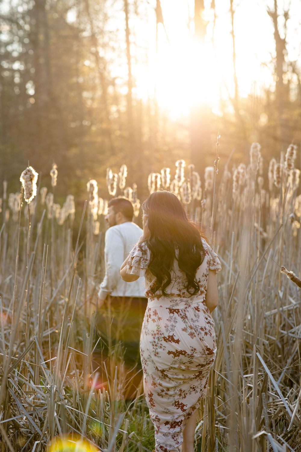 A romantic sunset silhouette of a couple walking through tall cattails in golden light.
