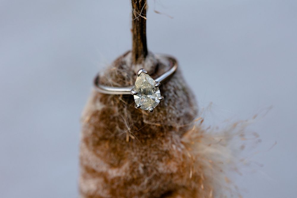 Close-up of a diamond engagement ring artfully placed on a natural setting.