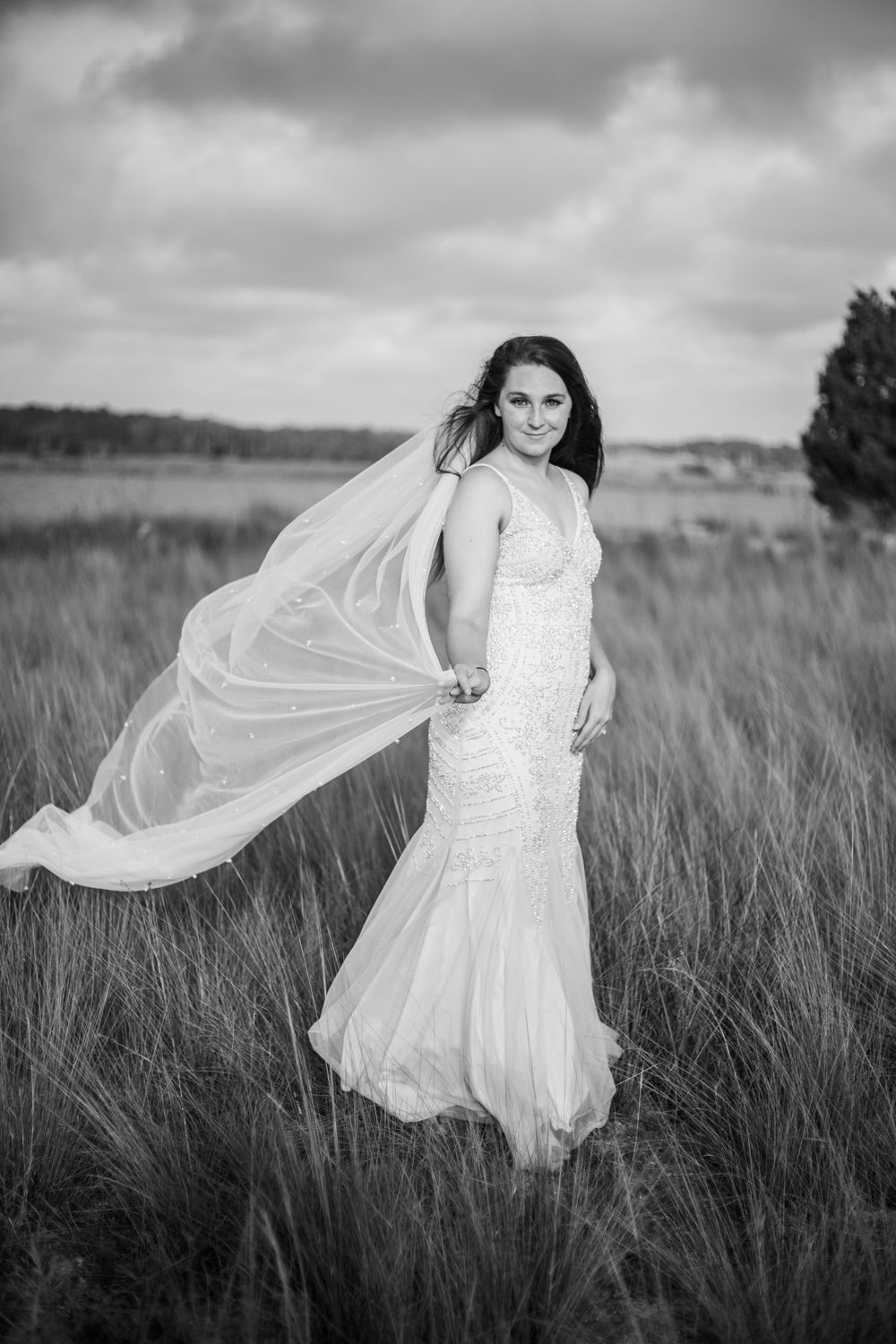 Black and white portrait of bride with flowing veil in windswept field.