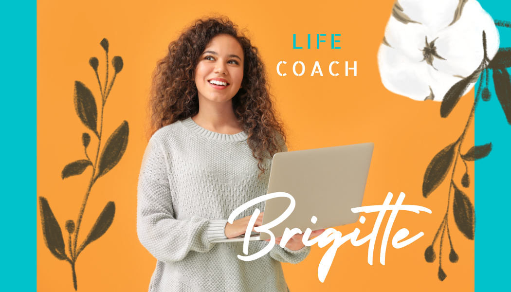 Life coaching promotional banner with cotton flower decoration on orange background.