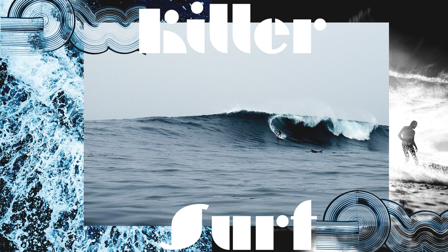 Collage design featuring ocean waves and surf photography with killer surf text overlay.