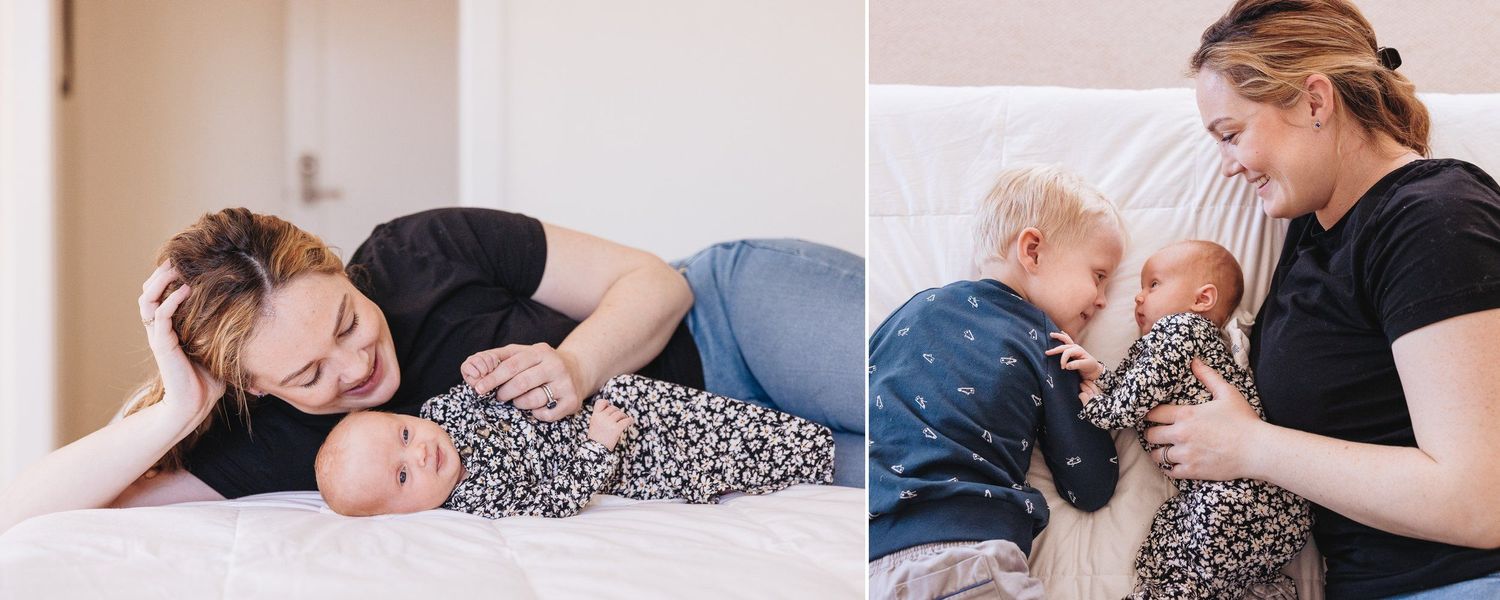 Sweet candid moments of family bonding on bed with cozy bedding.