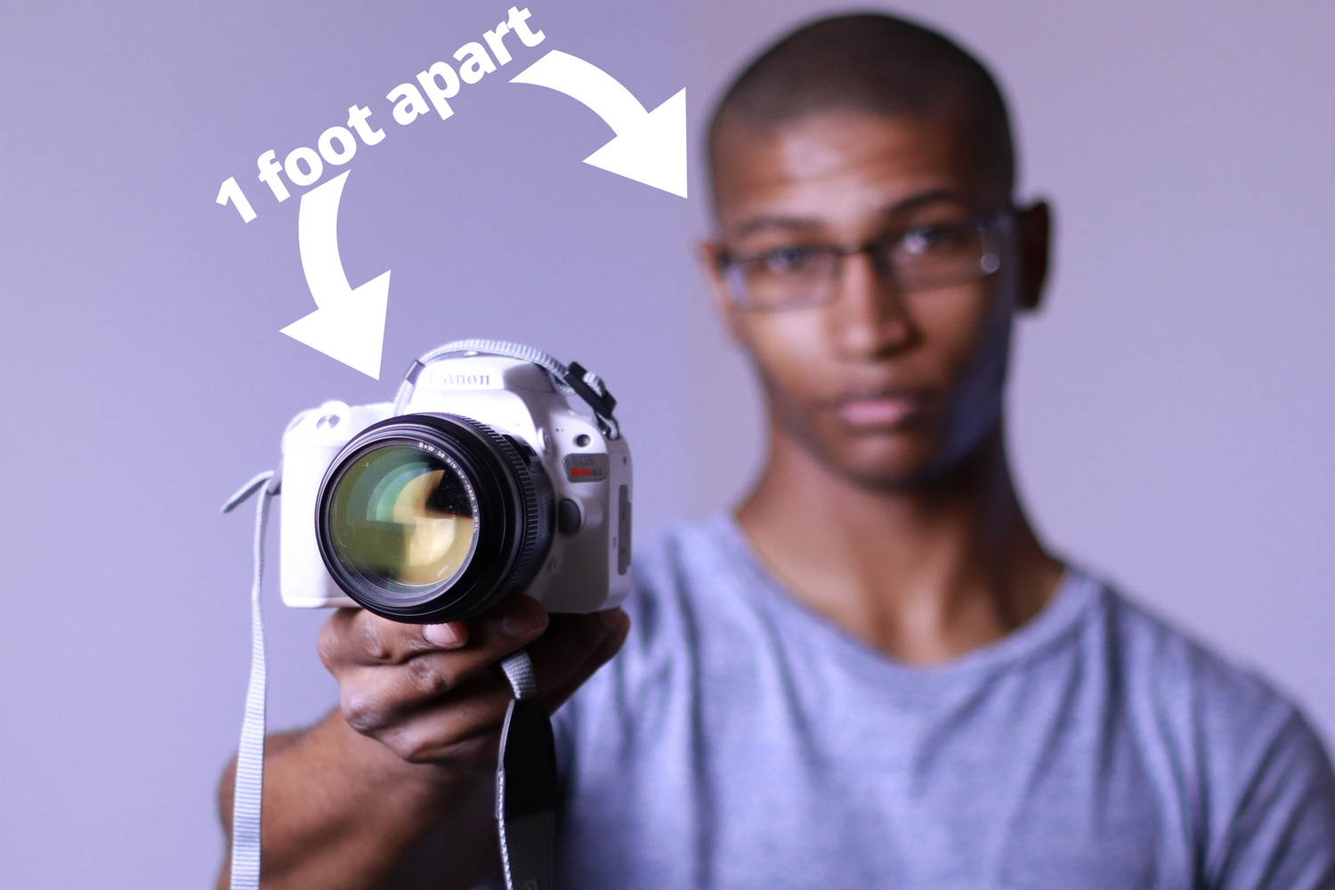 Photo of a white Canon SL2 with a Canon 85mm F1.8 lens and a black man wearing a blue shirt and glasses
