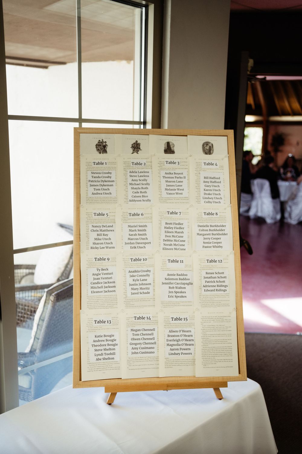 Wedding seating chart displayed on an easel with table assignments.