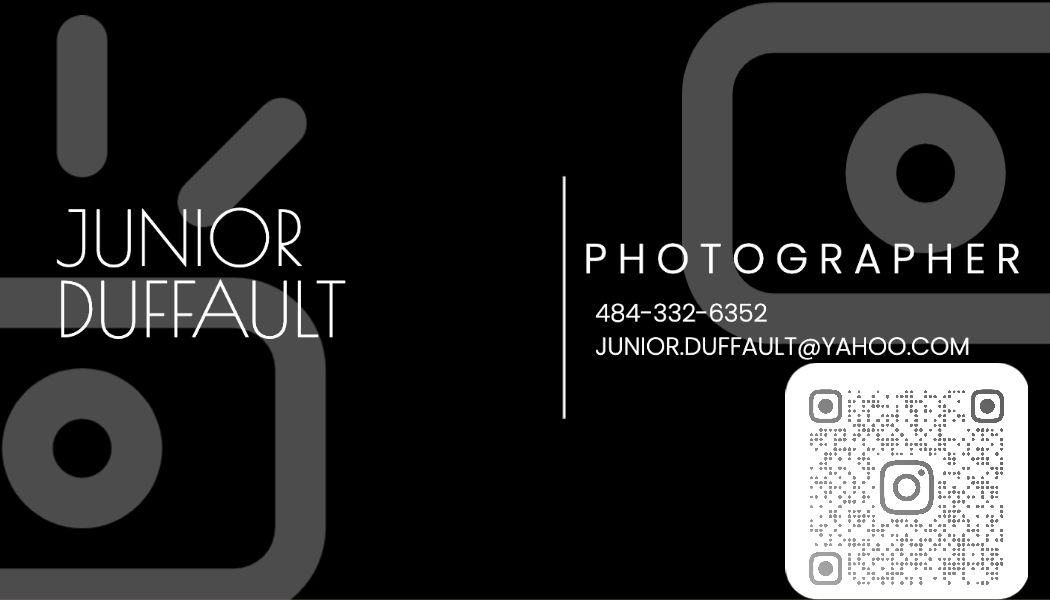Black and white business card design for Junior Duffault photographer with contact information and QR code.