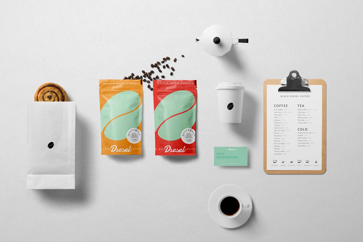 Minimal branding and packaging mockup set with coffee bags and clipboards on light gray background.