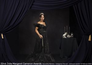 Fineart portret vrouw in zwarte jurk met vermelding gewonnen award