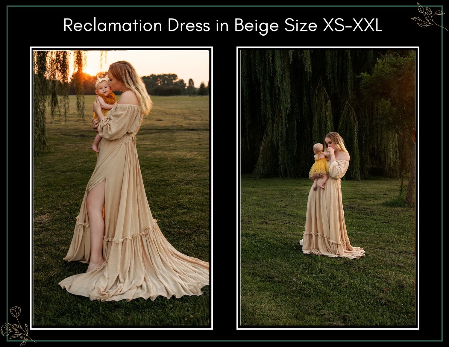 Woman in beige Reclamation Dress holding baby outdoors at sunset, available in sizes XS-XXL.