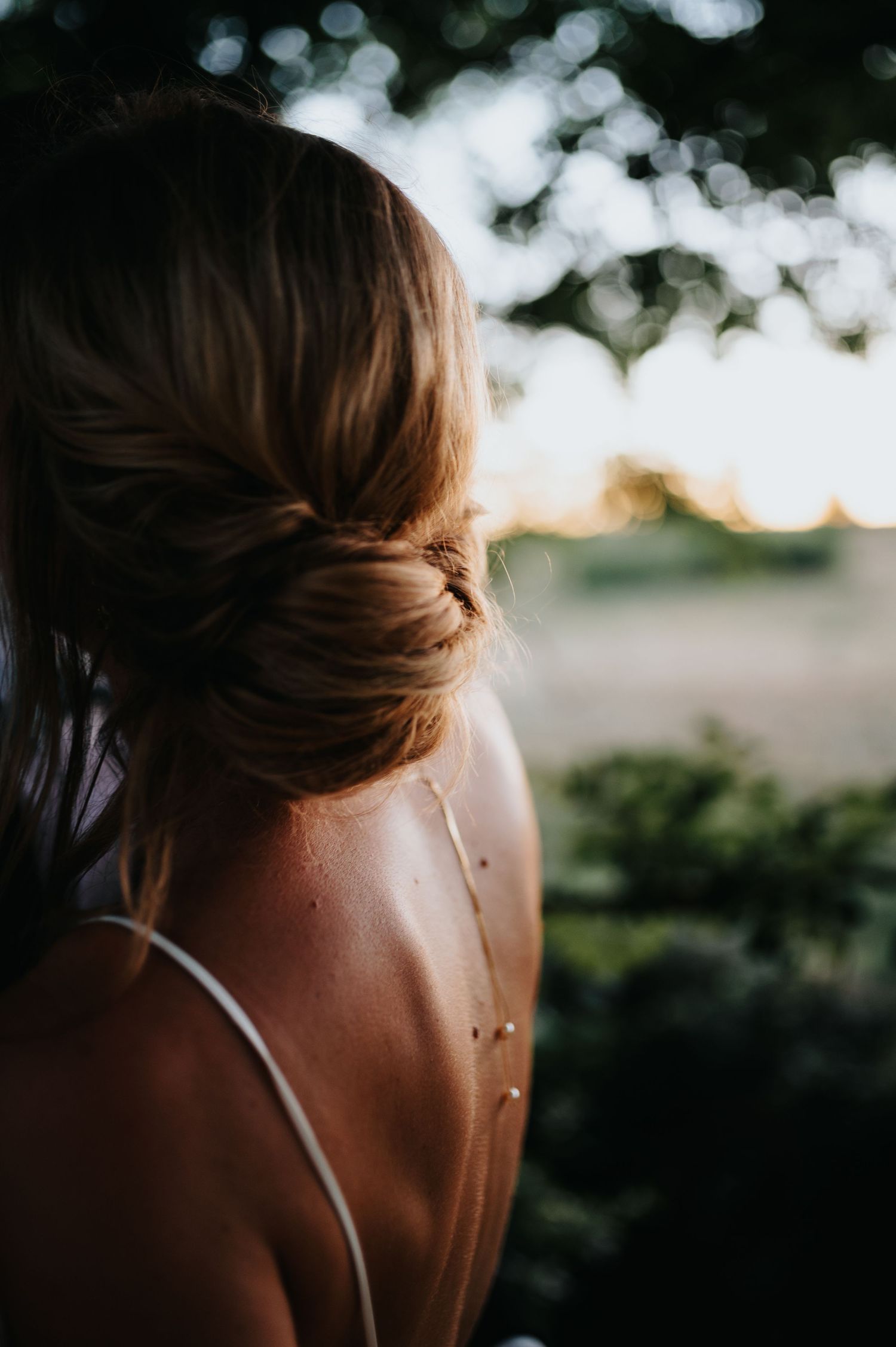 Artistic back view of a formal dress and hairstyle in soft focus.
