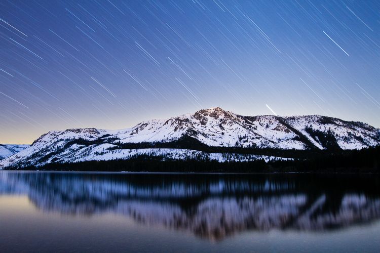 Star Trails over Fallen Leaf Lake at Night, Lake Tahoe, California Mountain Reflections