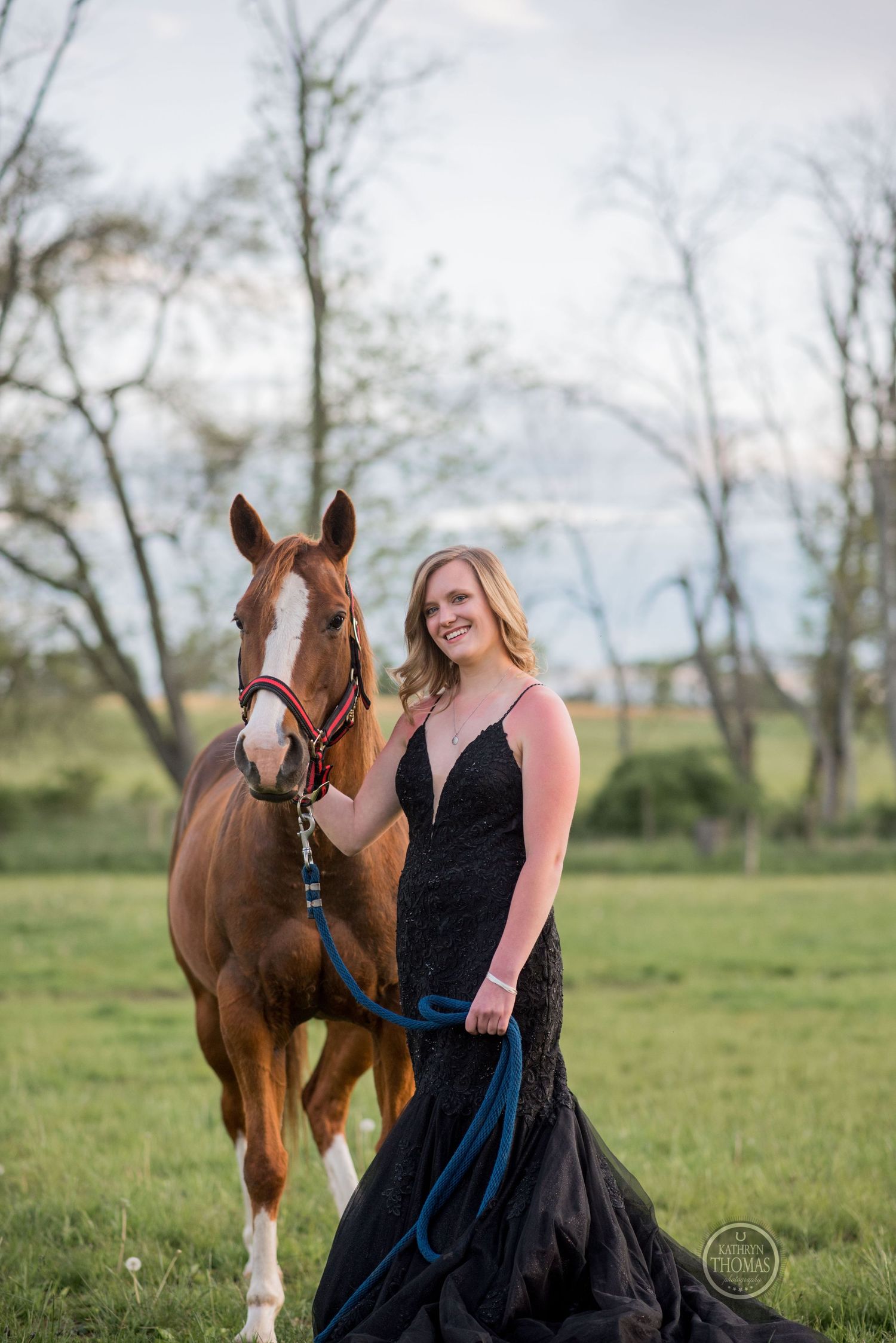 A stunning black formal dress contrasts with a chestnut horse in a spring meadow setting.