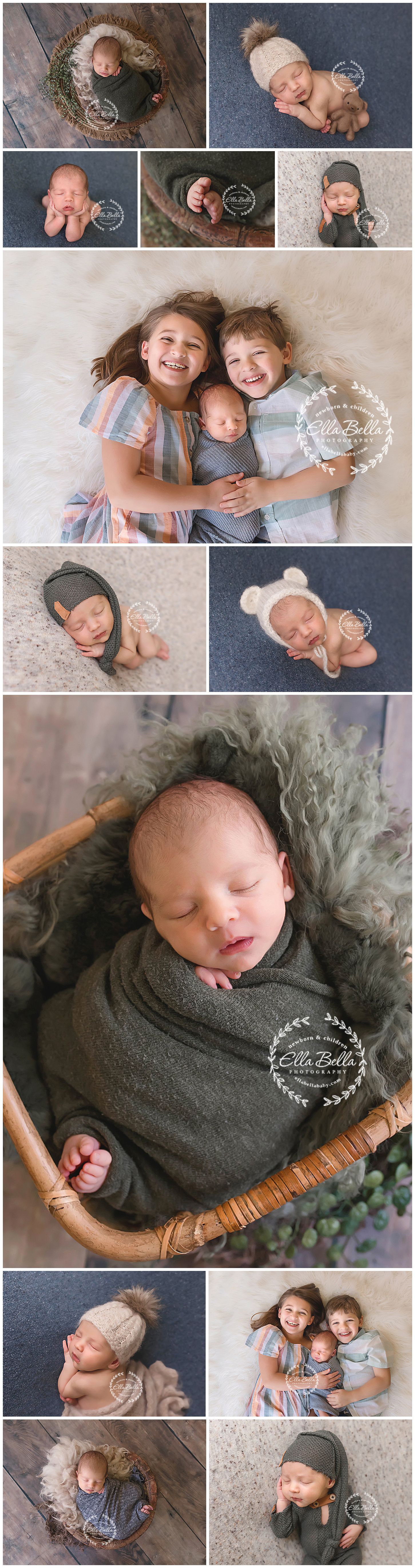 Professional newborn and sibling photo collection featuring grey and neutral tones.