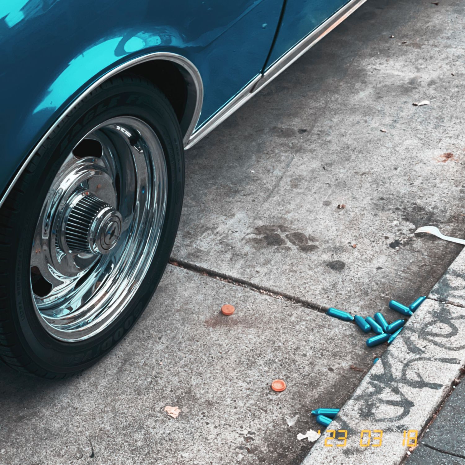 Blue Party in The Mission (SF) - Mustang, wheels, sidewalk, blue