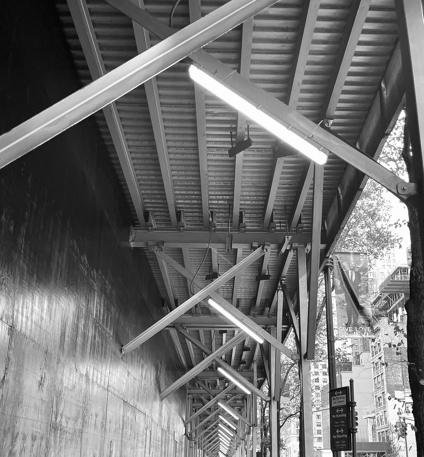 Walk This Way in New York, NY - Lights, ceiling, scaffolding, crossed, leading lines, crossed