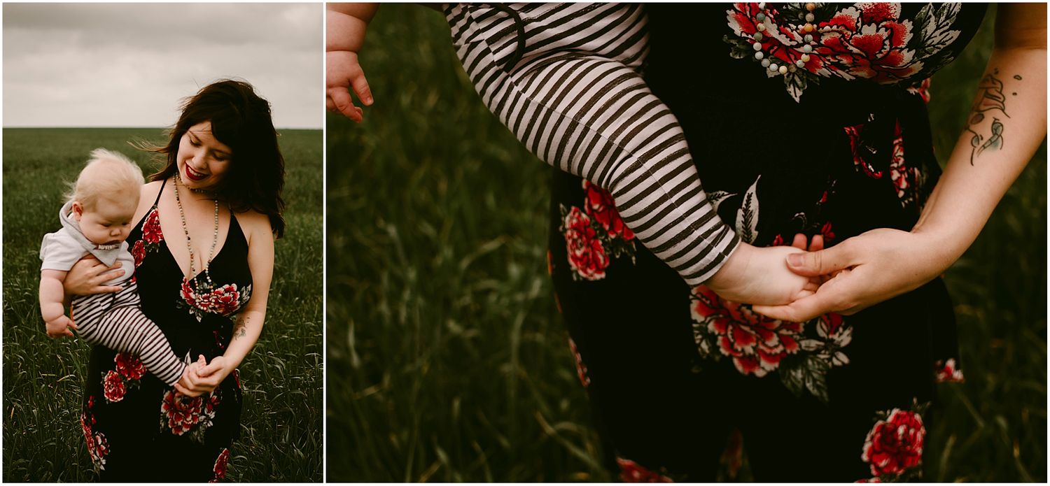 Artistic composition showing details of floral dress and tender moments in field.