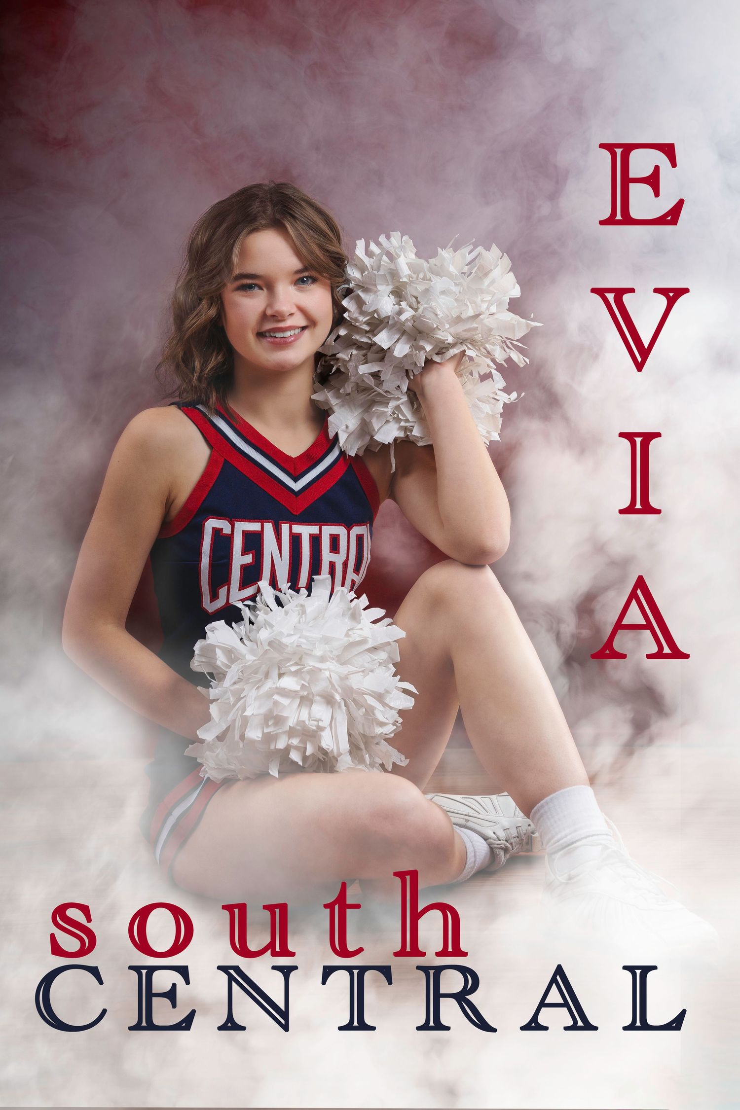Cheerleader portrait in Central uniform with pom poms against smoky red background.