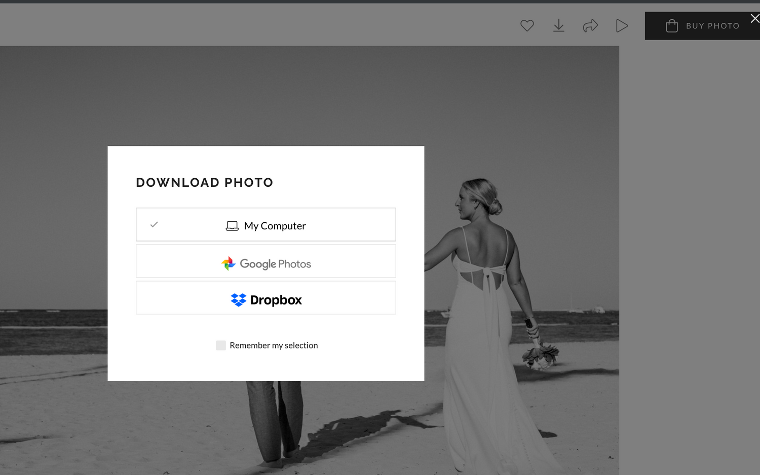Wedding photo download interface showing a bride on a beach with options for computer, Google Photos, and Dropbox.