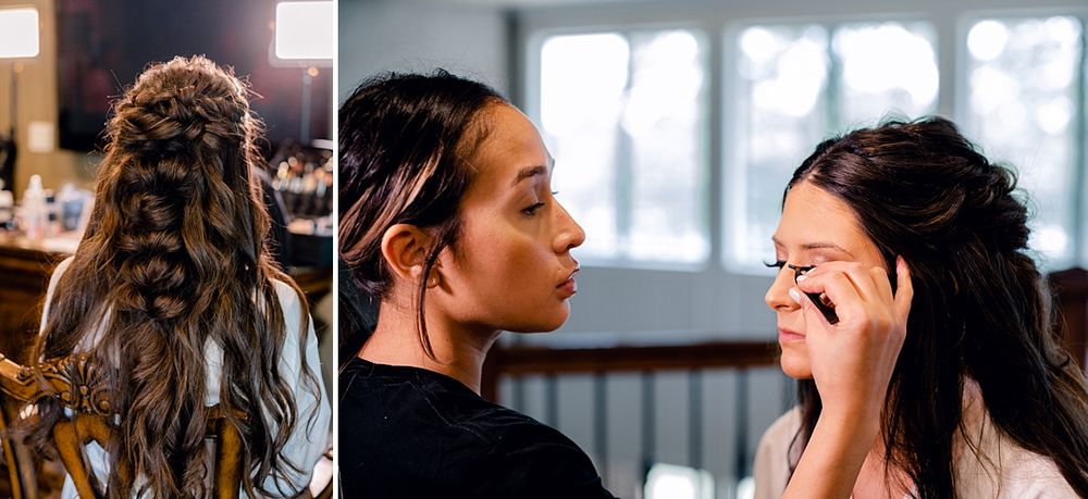 Elegant bridal hairstyling session captured from multiple angles showing intricate braided details and wedding preparation.