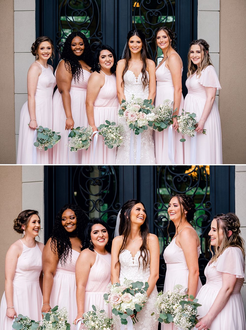 Wedding party in soft pink bridesmaid dresses posing together outside elegant black doors.