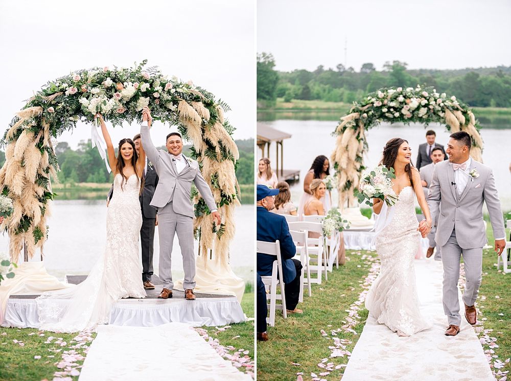 Wedding celebration moments captured under a bohemian floral arch by the water.