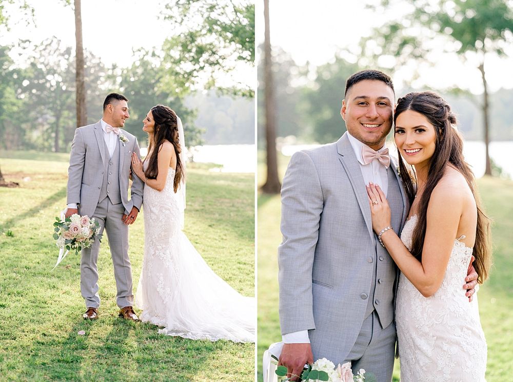 Elegant outdoor wedding portraits of a couple in a grey suit and lace gown against a natural landscape.
