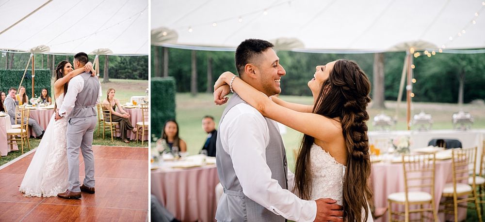 Wedding reception dance moments under a white tent with romantic lighting.