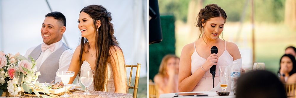 A couple sits at their reception table during an elegant outdoor wedding celebration.