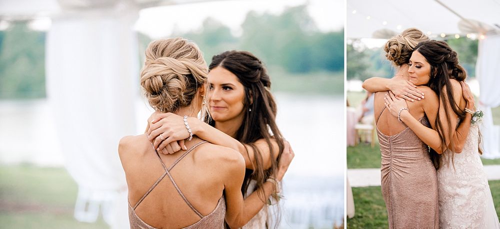Emotional embraces shared during a wedding celebration outdoors.