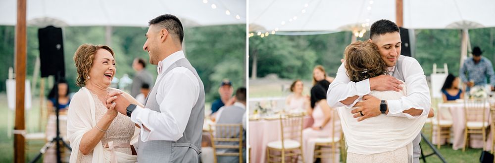 Wedding reception moments captured during dances and embraces at an outdoor venue.