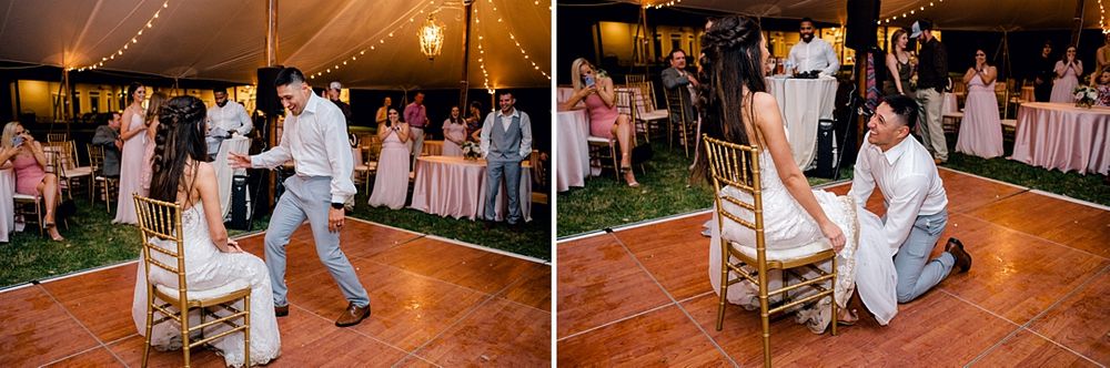 Wedding reception moments showing traditional garter toss with dancing guests.