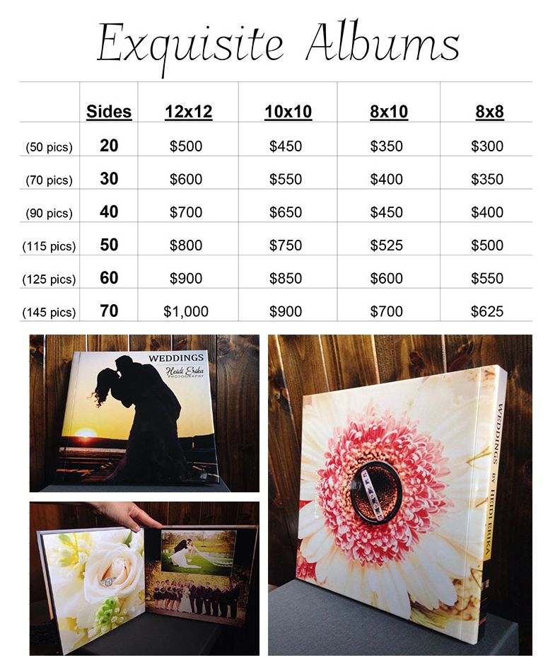 Price chart for photo albums with sample album designs showing covers and layouts.